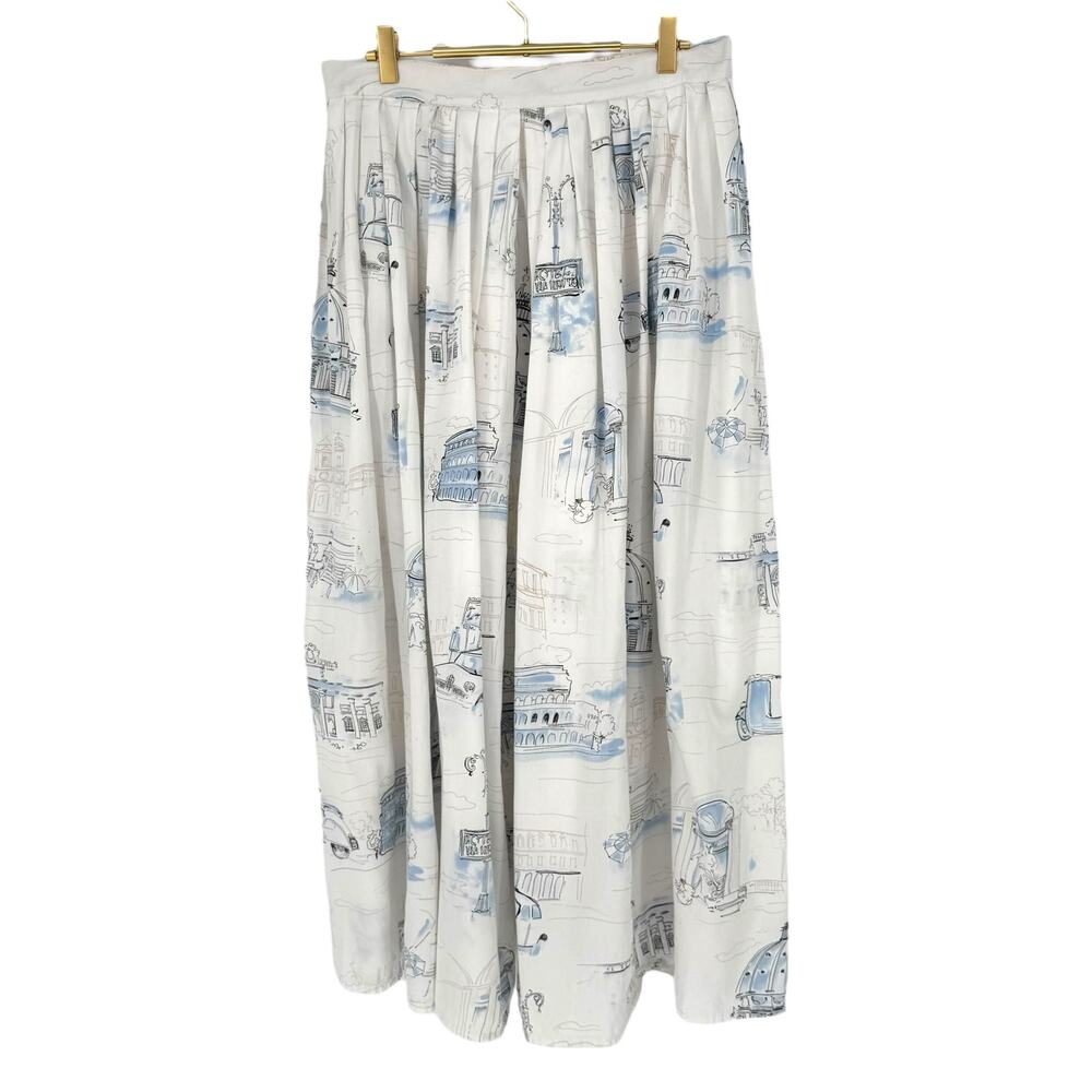 VTG Escada Rome Holiday Novelty Print Midi Skirt EU 42 Cotton Button Italy